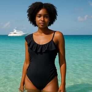NWT Profile by Gottex Swim Women's 10 Black One Shoulder Ruffle Ruching Shaper
